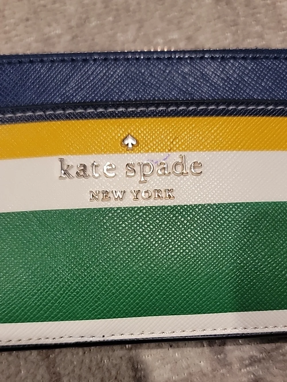 Kate Spade Striped Leather Card Zip Wallet in Navy, Yellow, White & Green